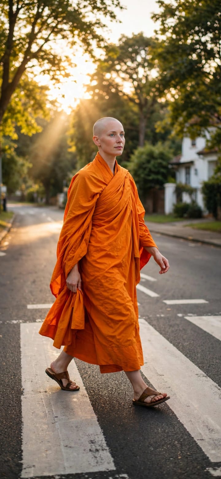 A Buddhist nun crossing a zebra crossing in the evening light.