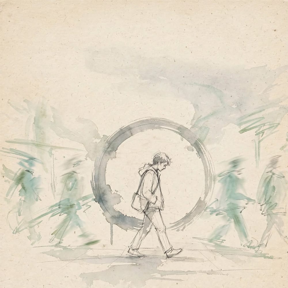 Ink drawing: someone walking head-down through a crowd that blurs around them. Behind them an ensō, the open Zen circle.